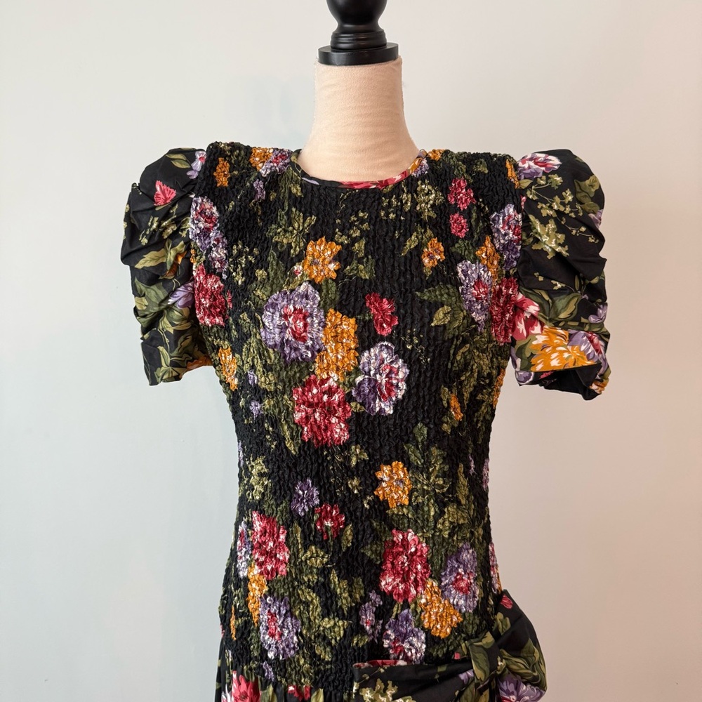 🌸🌼Phoebe Petite Black Floral Smocked Dress Drop Waist Bow Puff Sleeve Romantic - Picture 2 of 14